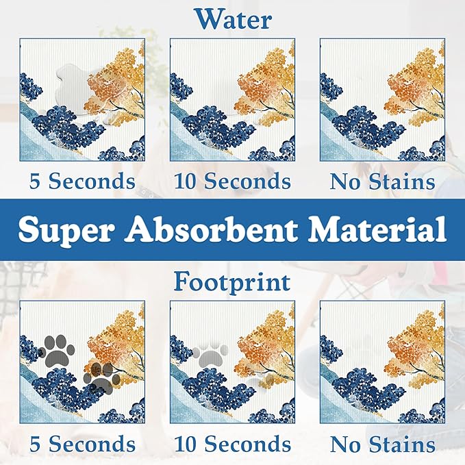 Japanese Wave Tree Dog Food Mat–Absorbent Quick Dry Feeding Placemat for Food and Water Bowls, Non Slip Rubber Backing, Waterproof Pet Supplies for Mess-Free Eating 16"x24"