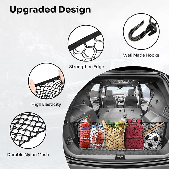 Trunk Cargo Net for 2018-2025 2026 Chevy Equinox & GMC Terrain Accessories Envelope Style Mesh Trunk Net Organizer and Storage Stretchable Elastic Nylon Rear Cargo Netting with Hooks