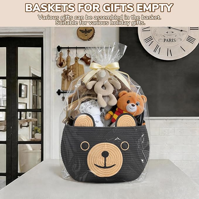 CherryNow Woven Rope Basket, Bear Baskets for Gifts Empty, Large Storage Basket for Living Room Nursery, Decorative Animal Baskets with Handles, Black, 15.7"D x 10.5"H