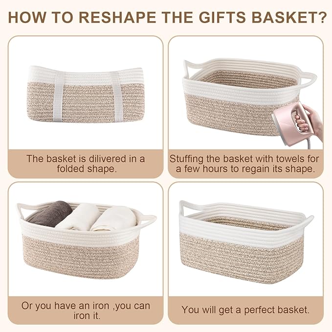 OIAHOMY Woven Basket, Gift Basket Empty with Gift Bags and Ribbons, Rope Baskets for Baby Showers, Storage Baskets with Handles for Nursery, Pet Toy Organizer - Brown & White