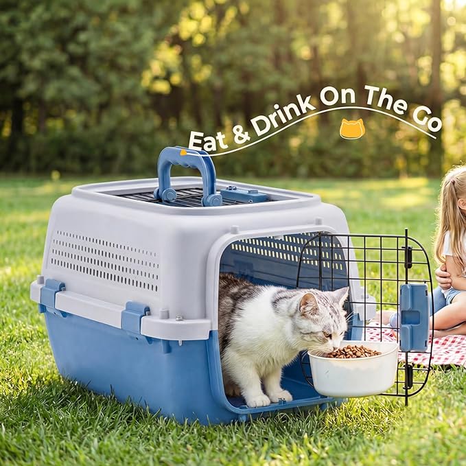 NEWBULIG 23" Hard-Sided Dog Carrier, Plastic Cat & Dog Crate, 4-Sided Ventilation Travel Pet Kennel, Top & Front Door Access, Integrated Food Bowl, for Small Pets up to 22 lbs, Blue