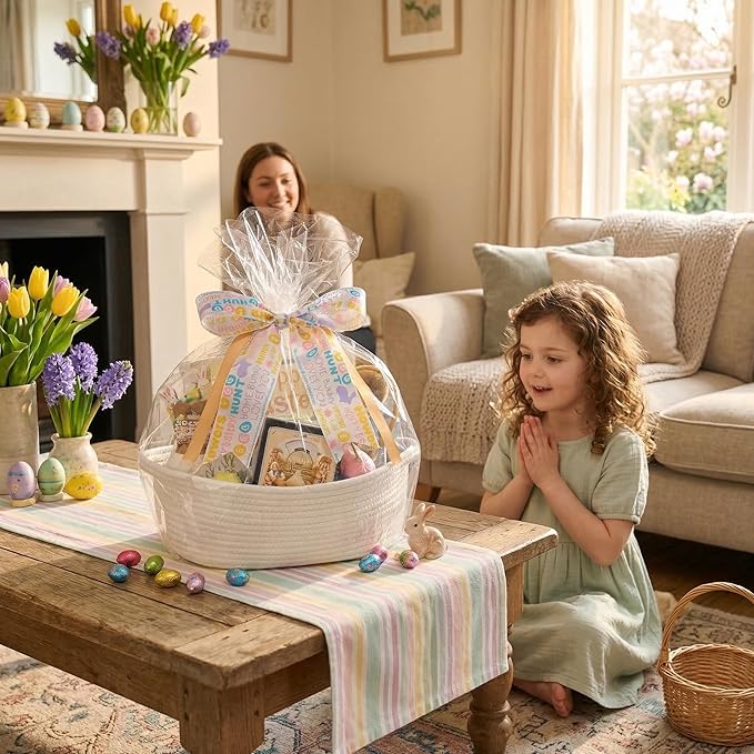 Small Woven Gift Basket Empty with Bag & Ribbon - Gifts for Mom, Baby Shower, Birthdays & Raffle - Cotton Rope Storage Basket for Dog Toys or Shelf - 12"x8"x5", White/Easter Ribbon