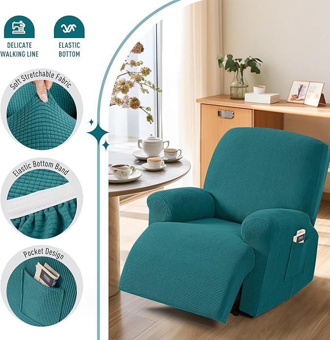 TAOCOCO Recliner Cover 4-Pieces, Recliner Stretch Sofa Slipcover, Recliner Cover 1 Seat, Couch Protector Soft, Furniture Protector Covers with Elastic,Chair Covers Jacquard Pattern (Peacock Blue)
