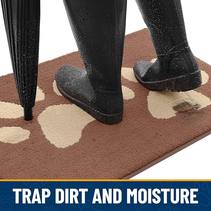 Smiry Dog Door Mat for Muddy Paws, Absorbs Moisture and Dirt, Low-Profile Entryway Mat with Non-Slip Backing, Entry Indoor Outdoor Doormat for Inside Floor (30x20 Inches, Camel, Paw)