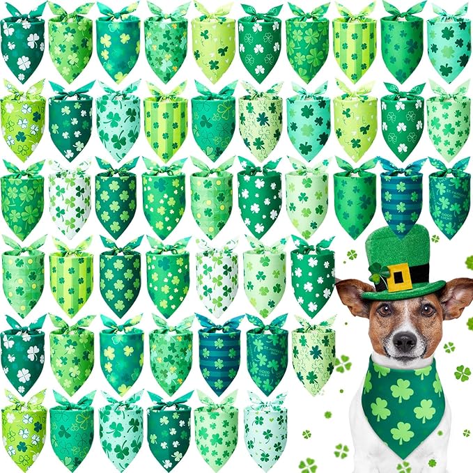 50 Pieces St. Patricks Day Dog Bandanas Bulk Shamrock Dog Bandanas for Dogs Green Soft Dog Bandana Bibs Adjustable Triangle Dog Bandana for Small Medium Large Dog Cat (25.6 x 17.7 x 17.7)