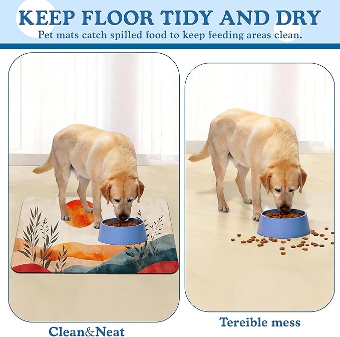 Boho Mountain Sun Pet Food Mat for Cats and Dogs–Absorbent Quick Dry Feeding Placemat, Non Slip Rubber Base, Waterproof Bowl Mat for Indoor Use, Pet Supplies 12"x20"