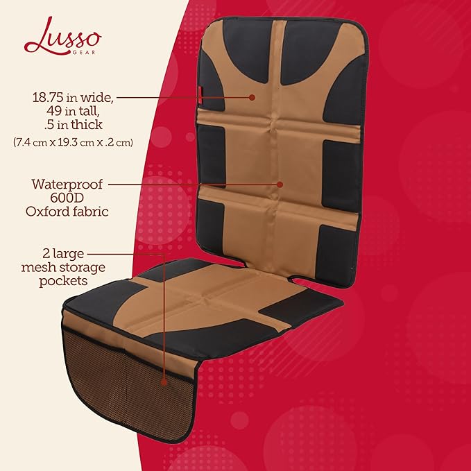 Lusso Gear Car Seat Protector - 1-Pack, Tan, Universal Fit - Waterproof Car Seat Cover for Travel with Non-Slip Padding & 2 Mesh Pockets
