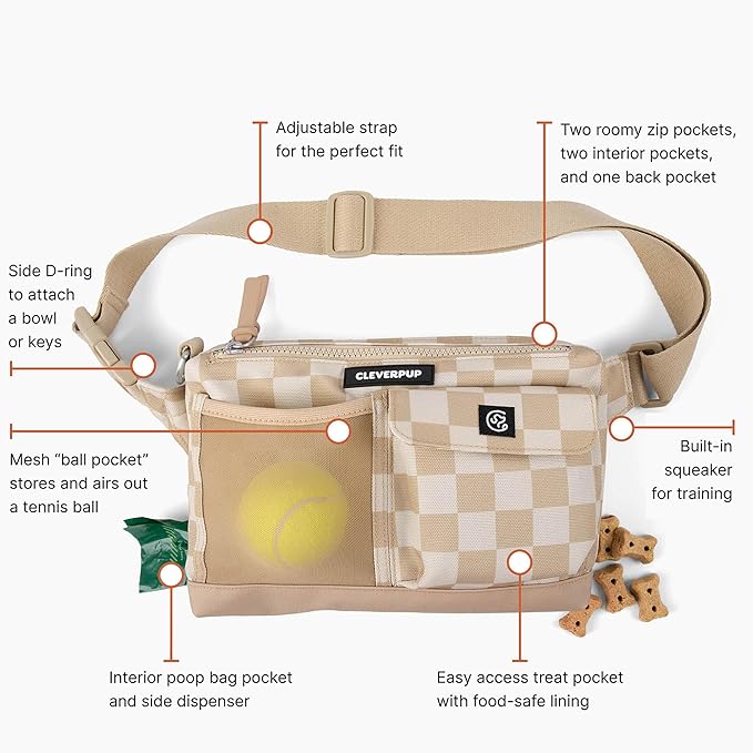 Cleverpup, Dog Walk & Train Sling Bag - Hands-Free 2-In-1 Treat Pouch, Poop Bag Holder, Clicker, Phone Pocket - Crossbody/Fanny Pack, Adjustable Strap - Checkerboard