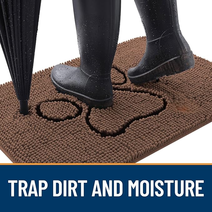 OLANLY Dog Door Mat for Muddy Paws 48x30, Paw Print Design, Absorbs Moisture and Dirt, Absorbent Non-Slip Washable Doormat, Quick Dry Chenille Mud Mat for Dogs, Entry Indoor Entryway Carpet, Mocha