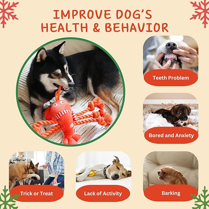 Christmas Dog Toys, Squeaky Tough Rope Tug of War Dog Toys, Interactive Plush Chew Toys, Dog Gifts for Puppy, Small Medium Large Dogs - Lobster