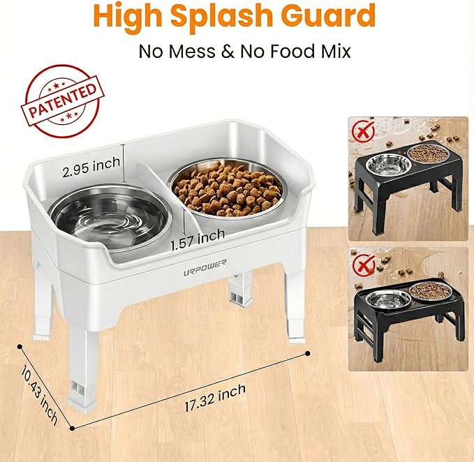 URPOWER 3-in-1 Elevated Dog Bowls - Mess Proof Double Deck 4 Height Adjustable Raised Stand with 2 Stainless Steel Food Bowls & Licking Plate for Small, Medium & Large Dogs