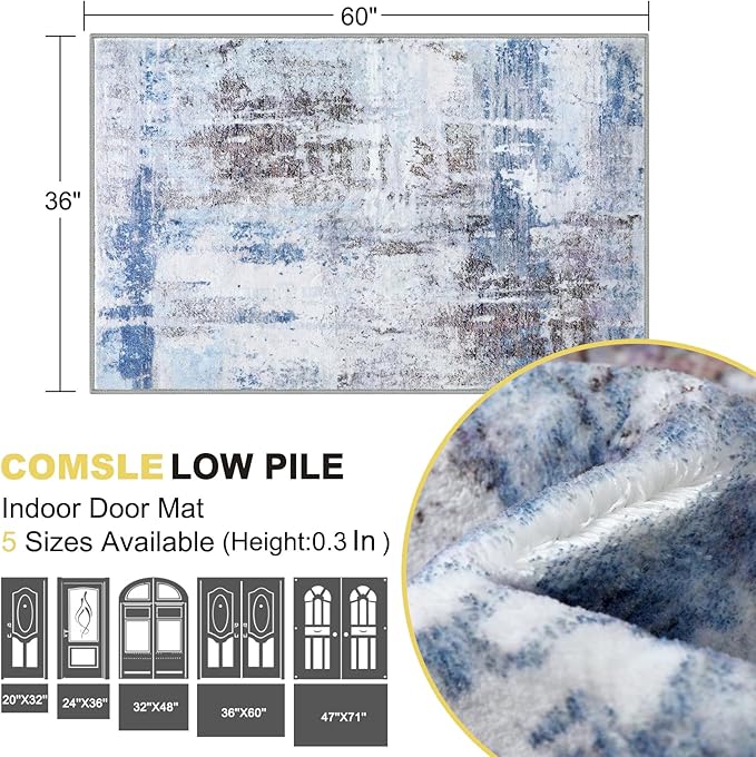 COMSLE Door Mat, Front Door Mat Indoor for Entrance Faux Wool Absorbent Non Slip Modern Throw Rug for Entryway Bedroom Muddy Paws - Pet Friendly, 36x60 Inches, Sierra Blue Machine Washable