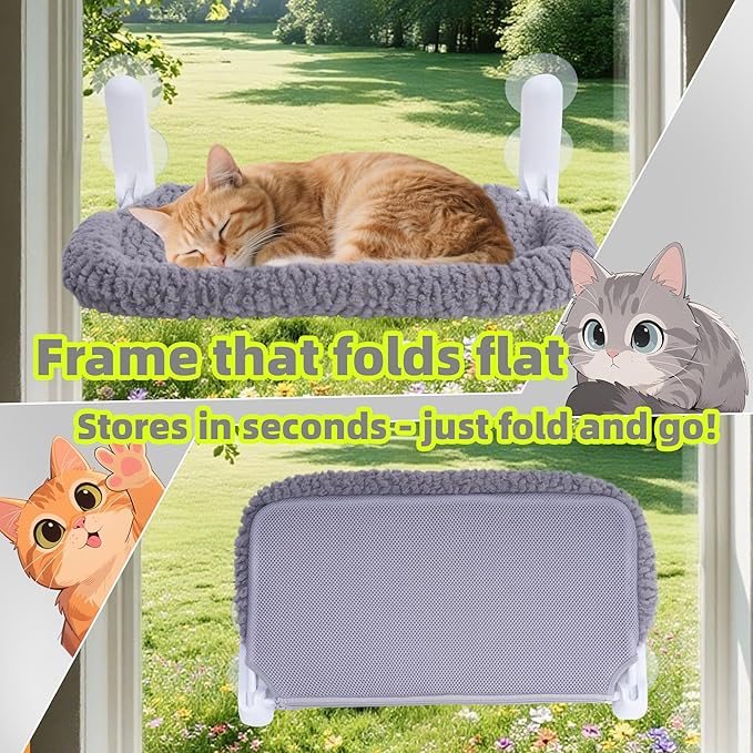 AIWIKIDE Cat Window Perch with Cushion Rim, Easy Install Bracket, Portable Wall Hammock for Indoor Cat, Grey
