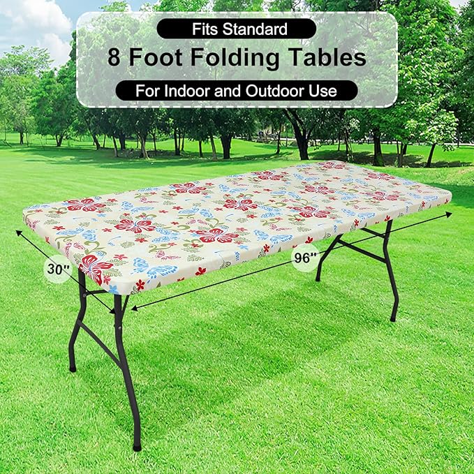 misaya Rectangle Vinyl Tablecloth, Fitted Table Cover, Waterproof, Elastic Edge, Plastic Table Cloth Fit 8 Foot Folding Tables for Picnic, Camping, Outdoor (Butterfly, 30x96 inch)