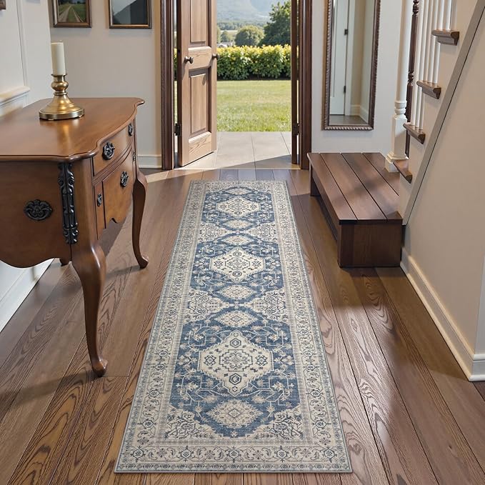 Lahome Oriental Washable Runner Rug Non Slip, 2x7 Rug Runners for Hallways Kitchen, Ultra-Thin Hallway Rugs for Laundry Room Bathroom Bedroom Eleanor, Blue