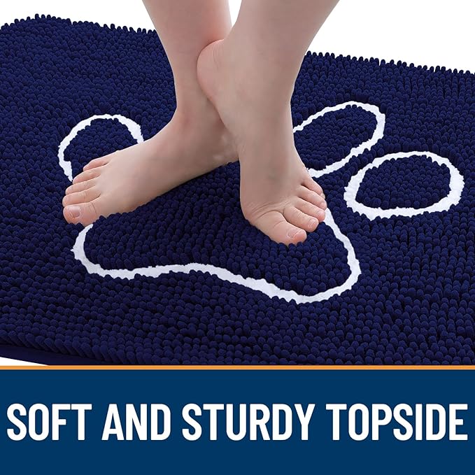 OLANLY Dog Door Mat for Muddy Paws 34x21, Paw Print Design, Absorbs Moisture and Dirt, Absorbent Non-Slip Washable Doormat, Quick Dry Chenille Mud Mat for Dogs, Entry Indoor Entryway Carpet, Navy Blue