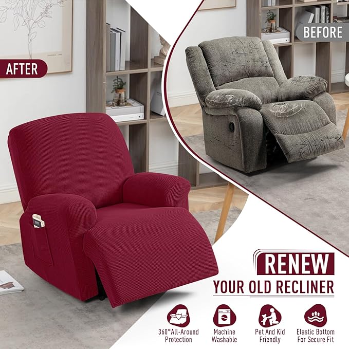 TAOCOCO Recliner Cover 4-Pieces, Recliner Stretch Sofa Slipcover, Recliner Cover 1 Seater, Couch Protector Soft, Furniture Protector Covers with Elastic,Chair Covers Jacquard Pattern (Burgundy)
