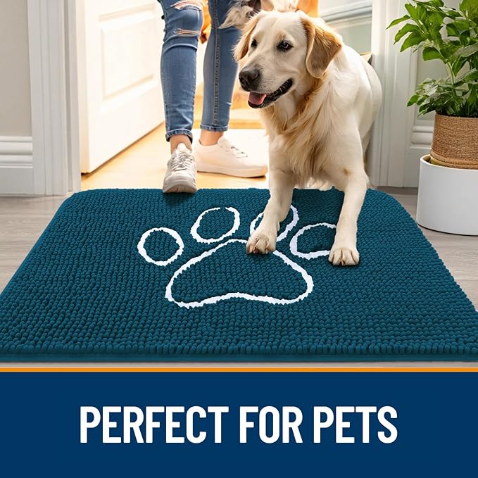 OLANLY Dog Door Mat for Muddy Paws 54x24, Paw Print Design, Absorbs Moisture and Dirt, Absorbent Non-Slip Washable Doormat, Quick Dry Chenille Mud Mat, Entry Indoor Entryway Carpet, Atlantic Blue