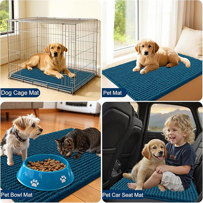 OLANLY Dog Door Mat for Muddy Paws 47x24, Ultra Absorbent Chenille Mud Doormat, Non-Slip Washable and Dirt Trapping Doormat for Indoor Entryway, Quick-Dry Indoor Pet Bed Mats for Dogs, Atlantic Blue