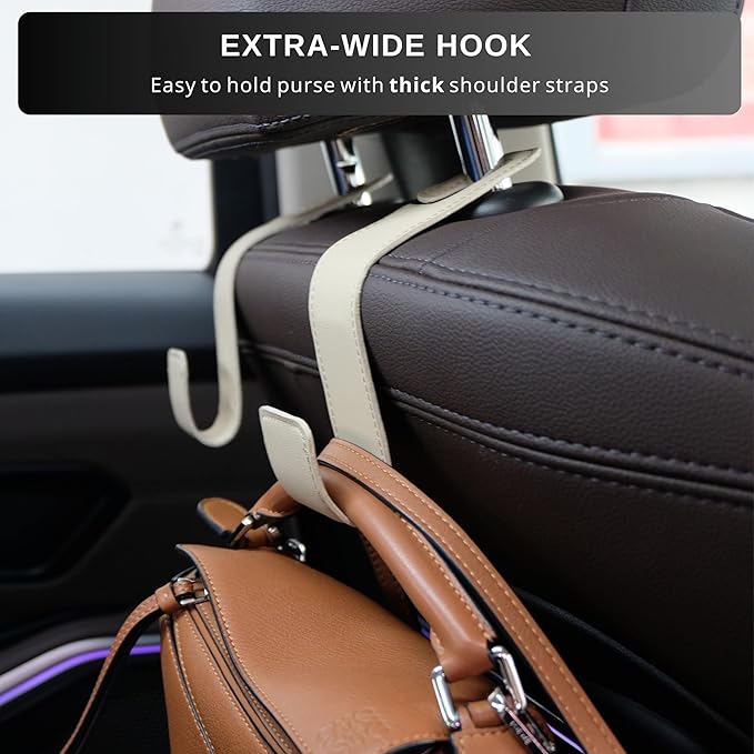 Car Seat Hooks - 2 Pack Upgraded Leather Headrest Hooks for Hanging Purse and Bag, Car Organization Accessories (Black)