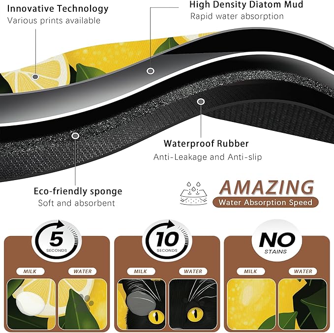 Black Cat Funny Dog Food Mat for Floors,Lemon Absorbent Pet Food and Water Bowl Mats,Non-Slip Pet Feeding Mat,Pet Supplies 12" x 20"