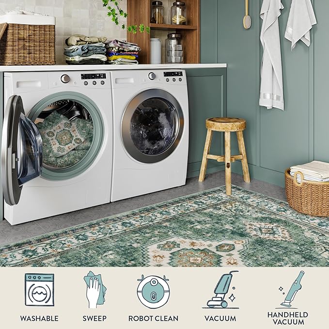 Lahome Oriental Machine Washable Rug, 3x5 Soft Green Rugs for Entryway Dorm, Non Slip Distressed Vintage Throw Carpet for Bedroom Living Room Entrance Eleanor, Green/Multi