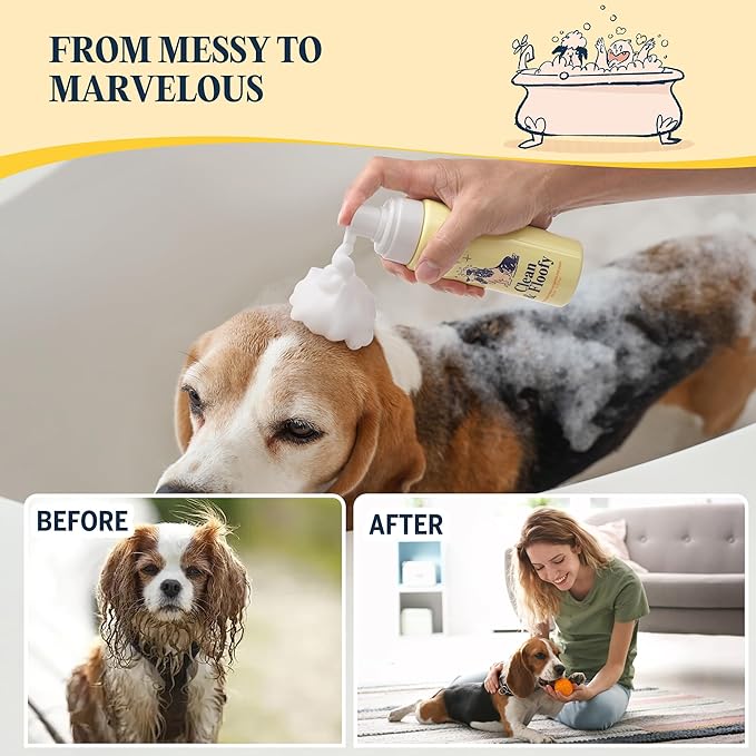 Clean and Floofy Dry Dog Shampoo with Glove – No Rinse Spray Foam, Anti-Itch, Odor Control, Moisturizing & Conditioning, Hydrating, Detangling, Sulfate-Free Waterless Pet Bath Wash for Dogs & Puppies