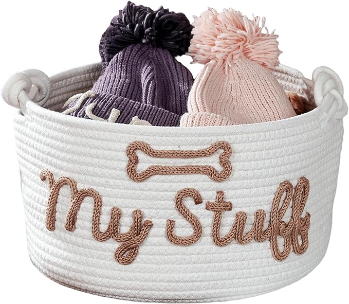 JUPPE Pet Dog Storage Basket with Bone Design, Cotton Rope Woven Organizer, Pet Dog Stuff Organizer With My Stuff Pattern (White pet basket)