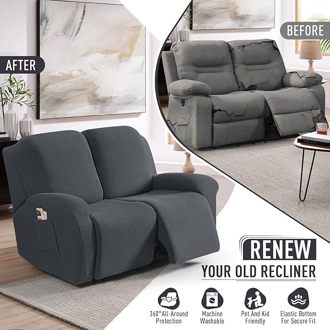 TAOCOCO Recliner Loveseat Slipcover, 6 Pieces Dual Recliner Sofa Covers for 2 Seat Dual Reclining Loveseat Couch, Stretch Soft Jacquard Pattern Furniture Protector with Elasticity (2XL, Charcoal Grey)