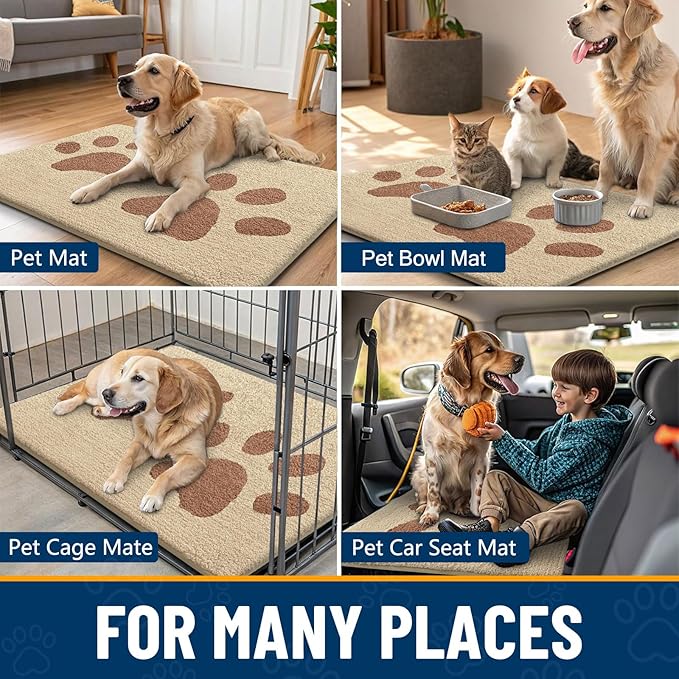 Smiry Dog Door Mat for Muddy Paws, Absorbs Moisture and Dirt, Low-Profile Entryway Mat with Non-Slip Backing, Entry Indoor Outdoor Doormat for Inside Floor (30x20 Inches, Light Beige, Paw)