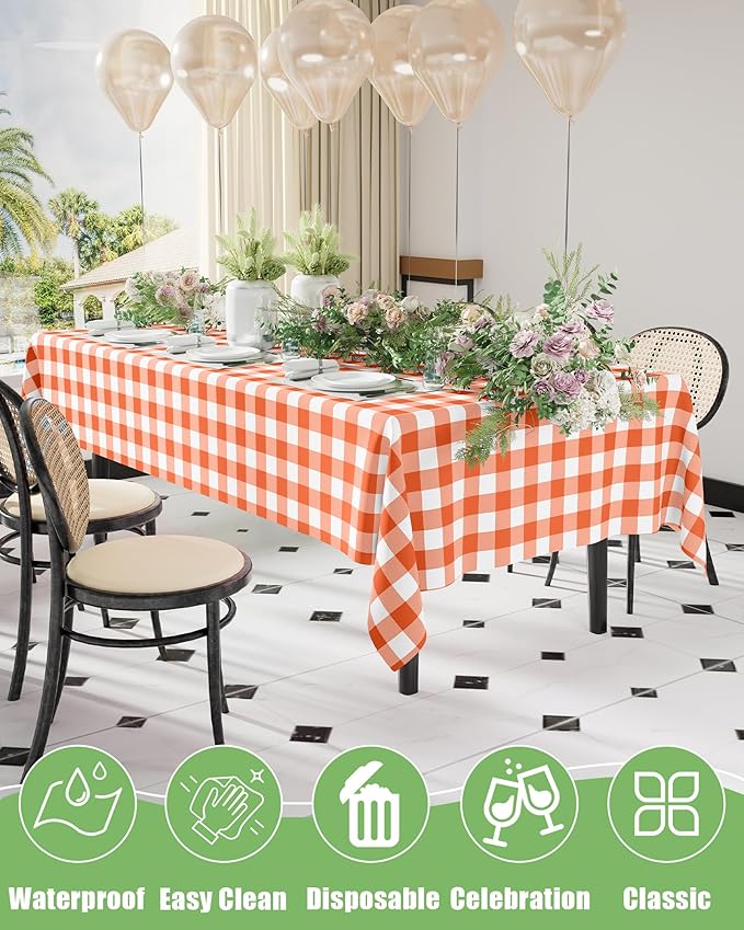 Smiry 12 Packs Gingham Disposable Table Cloth, 54 x 108 Inch Waterproof Plastic Tablecloth, Rectangle Orange and White Checkered Table Covers for Picnic, Birthday, Party