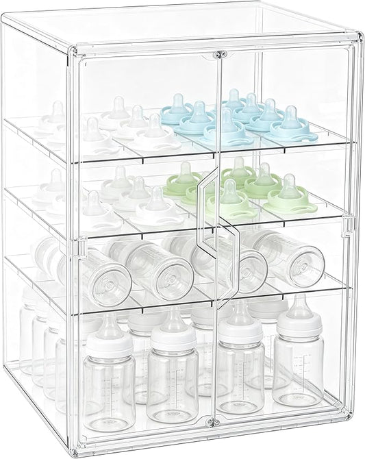 ERTIUANIO Baby Bottle Organizer – 4 Tier Bottle Storage Organizer Baby with Double Magnetic Doors for Nipples, Pump Parts, Food Jars – Clear Nursery Cabinet for Countertop Kitchen