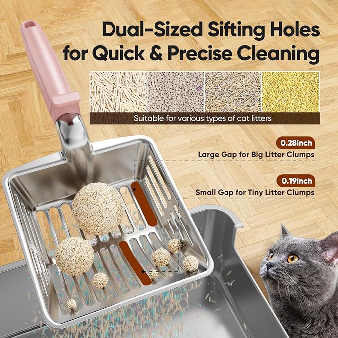 KooMooM Metal Cat Litter Scoop, Large Cat Scooper with Deep Shovel & Dual Sifting Holes for Fast & Precise Sifting, Space Aluminum Kitty Litter Scooper with Long Handle & Easy-to-Hang Hook - Pink
