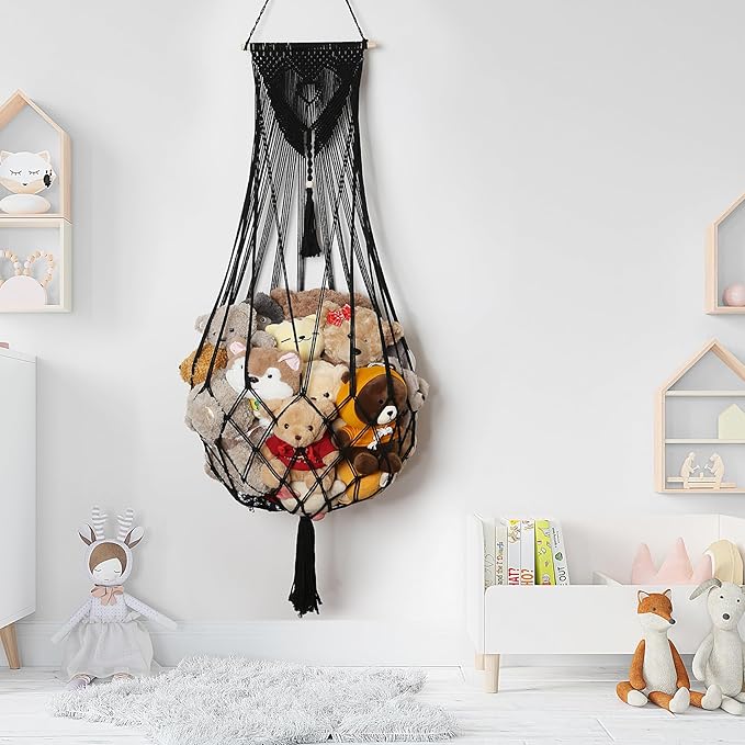 Stuffed Animal Net or Hammock Corner or Wall Hanging Net for Plush Toy Storage Boho Macrame Toy Display Nursery Bedroom Decor Stuffy Animal Toy Organizer (Black)