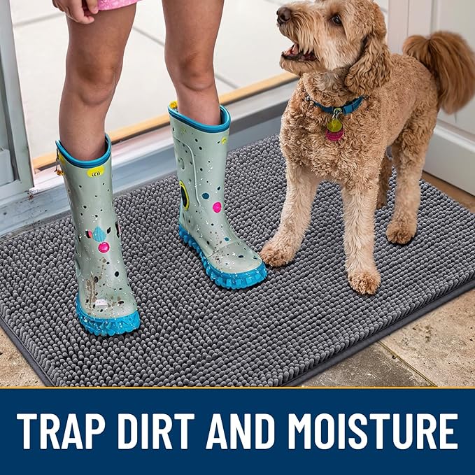 Smiry Dog Door Mat for Muddy Paws 54x32, Absorbs Moisture and Dirt Doormat, Non-Slip Washable Quick Dry Chenille Front Door Mat Indoor Entrance, Entryway Carpet for Inside Floor, Dark Grey