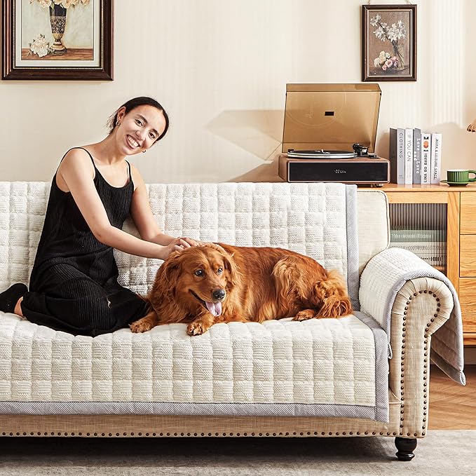 Couch Cover for Dogs Washable,Anti-Slip Back Cat Mat Pet Pad Blanket for Furniture Protector,Fuzzy Pet Sofa Cover for 3 Cushion Couch Sofa Pets Friendly (Ivory, 1pc/36"x68"/Seat Cover)