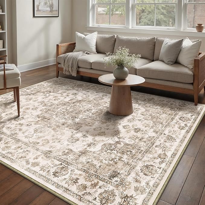 5x7 Washable Neutral Area Rug Brown Vintage Living Room Bedroom Carpet Non-Slip Soft Low Pile Farmhouse Indoor Throw Rug for Dining Room Entryway Office