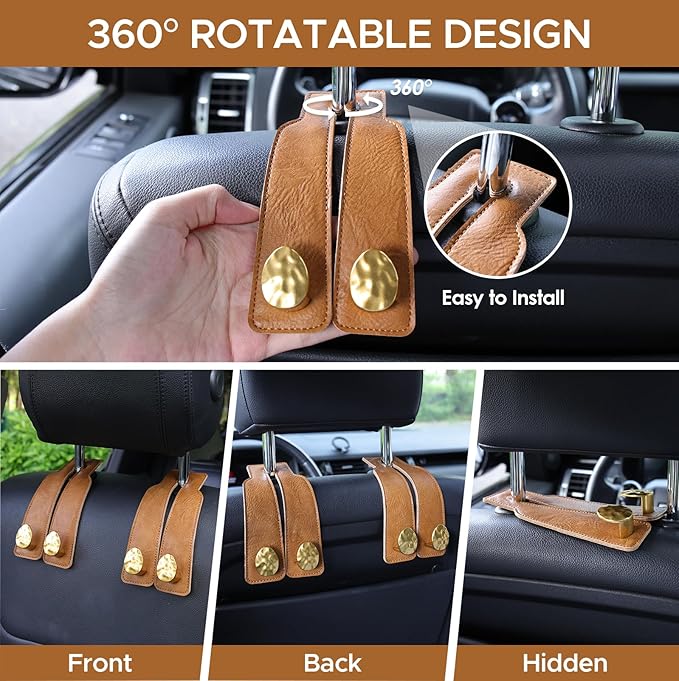 2PCS Leather Car Seat Hooks for Headrest, Vehicle Hanger Storage Organizer Universal for Handbag Purse, Car Accessories Gift (Brown-Gold)