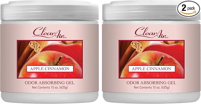 Clear Air Odor Absorber Gel - 15 oz, Pack of 2 - Air Freshener Absorbs and Eliminates Odors in Bathrooms, Cars, Boats, RVs and Pet Areas - Made with Essential Oils - Apple Cinnamon Scent