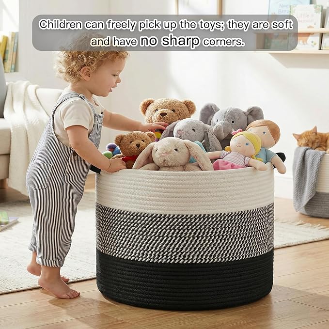 Artfeel 40L Large Cotton Rope Basket, Decorative Woven Blanket Storage for Living Room, Boho Toy Storage & Toy Box for Kids, Versatile Laundry Basket & Nursery Hamper for Blankets(Black)