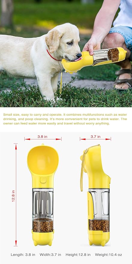 Upgraded Dog Water Bottle,Multifunction with Detachable Food Container and Poop Bags Dispenser,External Trash Shovel,Leakproof,Pet Travel,Outdoor Activity Necessities,Yellow(10.56fl oz)