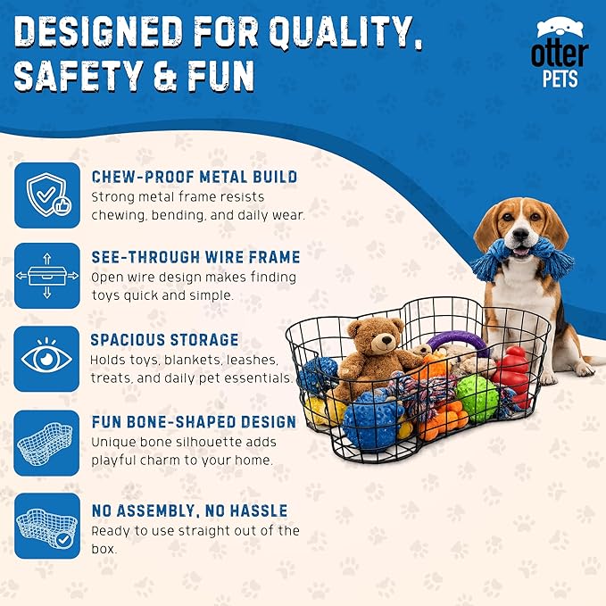 OtterPets Metal Dog Toy Basket, Bone Shaped Indestructible Dog Toy Bin, Sturdy Storage Organizer (Large (23"x15"))