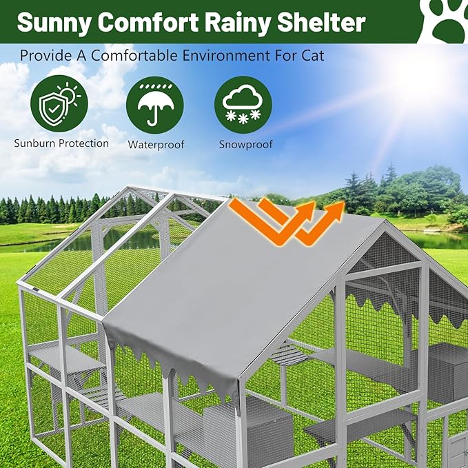 LOVMOR 110" Large Outdoor Wooden Catio, Outdoor Cat House Cat Enclosures, Weatherproof Cover roof, Two Small Sliding Doors, 2 x Bridges, 2 x Sleeping Houses, 7 x Cat Walks