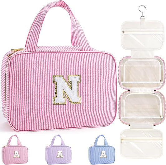 TOPEAST Hanging Toiletry Bag for Women - Travel Toiletry Bag Makeup Bag, Portable Toiletries Cosmetic Bag, Airplane Travel Essentials - Letter N, Pink