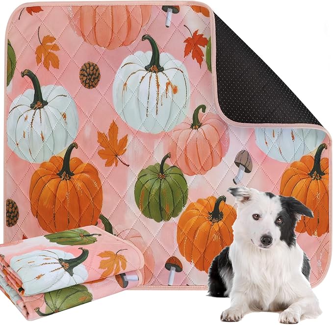 IEUUMLER Washable Pee Pads for Dogs, 2 Pack Pumpkin Pattern Reusable Waterproof Puppy Potty Pads, Non-Slip Absorbent Pet Training Pads for Playpen Crate Bed EU016 Pink Pumpkin, 48x36