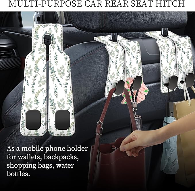 PU Leather Car Seat Hook, Storage Headrest Hanger, Cute Car Backseat Organizer, Car Hooks for Purses and Bags White Leaves