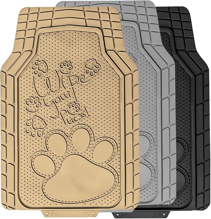 FH Group Car Floor Mats - Adorable Paw Print, Heavy-Duty Rubber Mats, Universal Fit Full Set, Climaproof, Trimmable, Fit Most Sedan, SUV, Truck - Beige