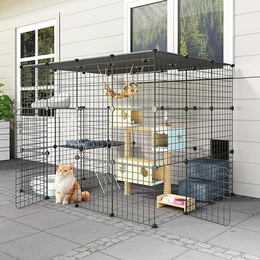 Oneluck Outdoor Cat House Catio Enclosure with Super Large Enter Door, 55L x 41W x41H Balcony Cat Cage Playpen with Platforms, DIY Kennels Crate Large Exercise Place Ideal for 1-3 Cats