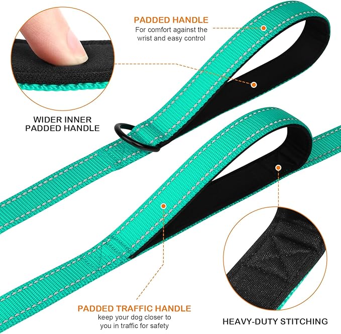 Joytale Dog Leash Heavy Duty for Large Dogs that Pull, Double Handle for Traffic Control, Double-Sided Reflective Leashes for Large Medium Dogs Night Safety, 4FT, Teal