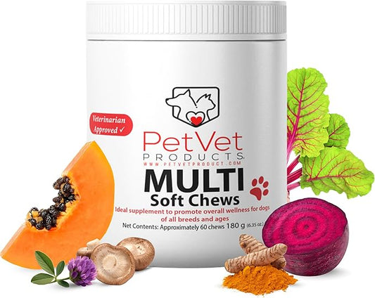 Pet Vet Multi Soft Chews for Dogs (Beef Liver, 60 Chews) – Multivitamins, Probiotics for Digestive Health – Glucosamine, Skin Supplement – Immune Support, Supplements & Vitamins